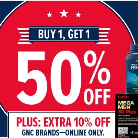 GNC: Buy 1, Get 1 50% Off Everything