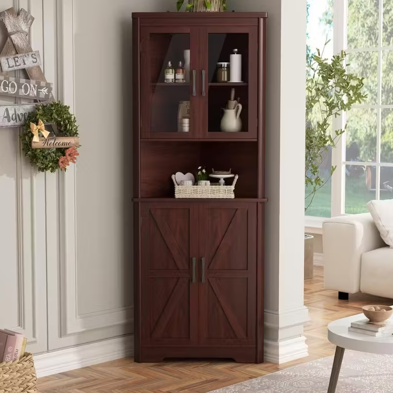 TEMU: 67" Tall Corner Storage Cabinet with 4 Tempered Glass Doors & Barn Doors