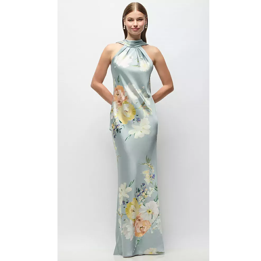 Dessy Group: Draped Scarf Halter Open-Back Painterly Floral Stretch Satin Bias Maxi Dress