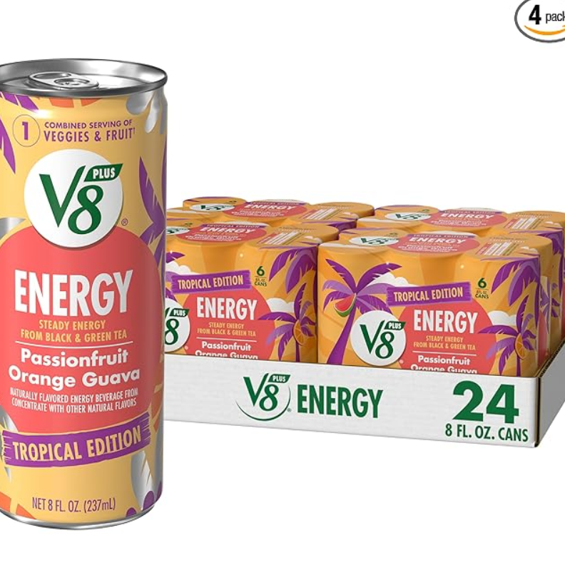 V8 +Energy Passionfruit Orange Guava Juice Energy Drink, 8 fl oz Can (24 Pack)