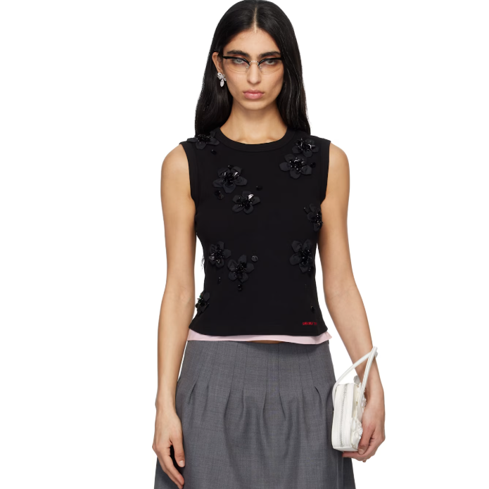 SSENSE: SHUSHU/TONG Black 3D Flower Tank Top