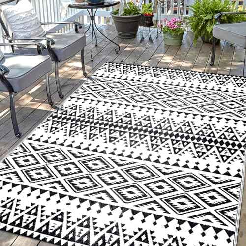 Amazon US: Domkom Waterproof Outdoor Rug 5x8ft, Bohemia Reversible Plastic Straw Mat for Patio RV Deck Porch Backyard Balcony Camping Picnic Beach Indoor Outdoor Carpet, Black&White