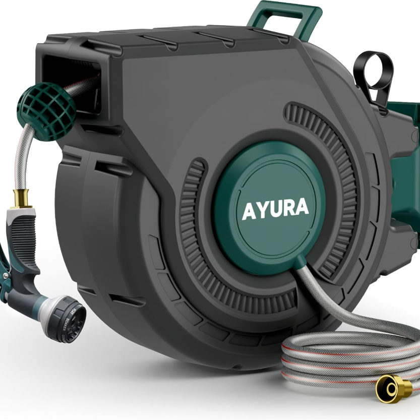 AYURA: Retractable Garden Hose Reel 100 ft x 1/2 inch with Pro Metal Shaft, Heavy Duty Automatic Garden Hose Reels with Kink-Free Rewind and Lock at Any Length