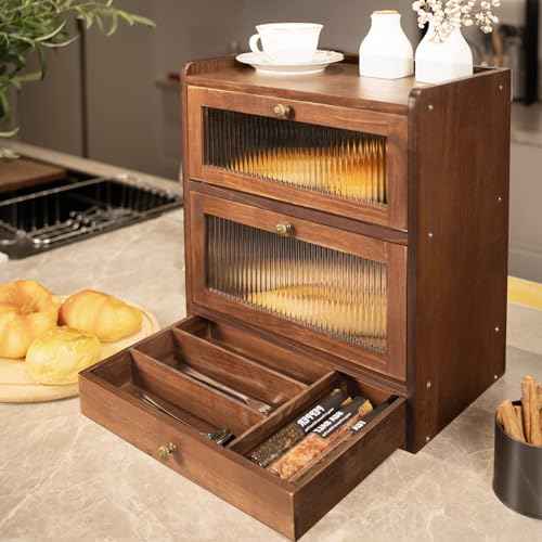 Amazon US: CheerNest Solid Wood Bread Box for Kitchen Countertop with Drawer, 2-Tier Large Wooden Bread Storage Bin with Cutlery Organizer